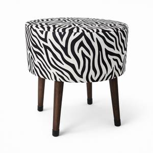 Salon Pufu – Dalgalı Zebra Desenli, Ahşap Ayaklı Dekoratif Tabure - Siyah Ayak